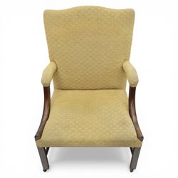 20th century Gainsborough style open armchair, upholstered in patterned fabric, the chair with shaped padded back and scroll arms on moulded frame