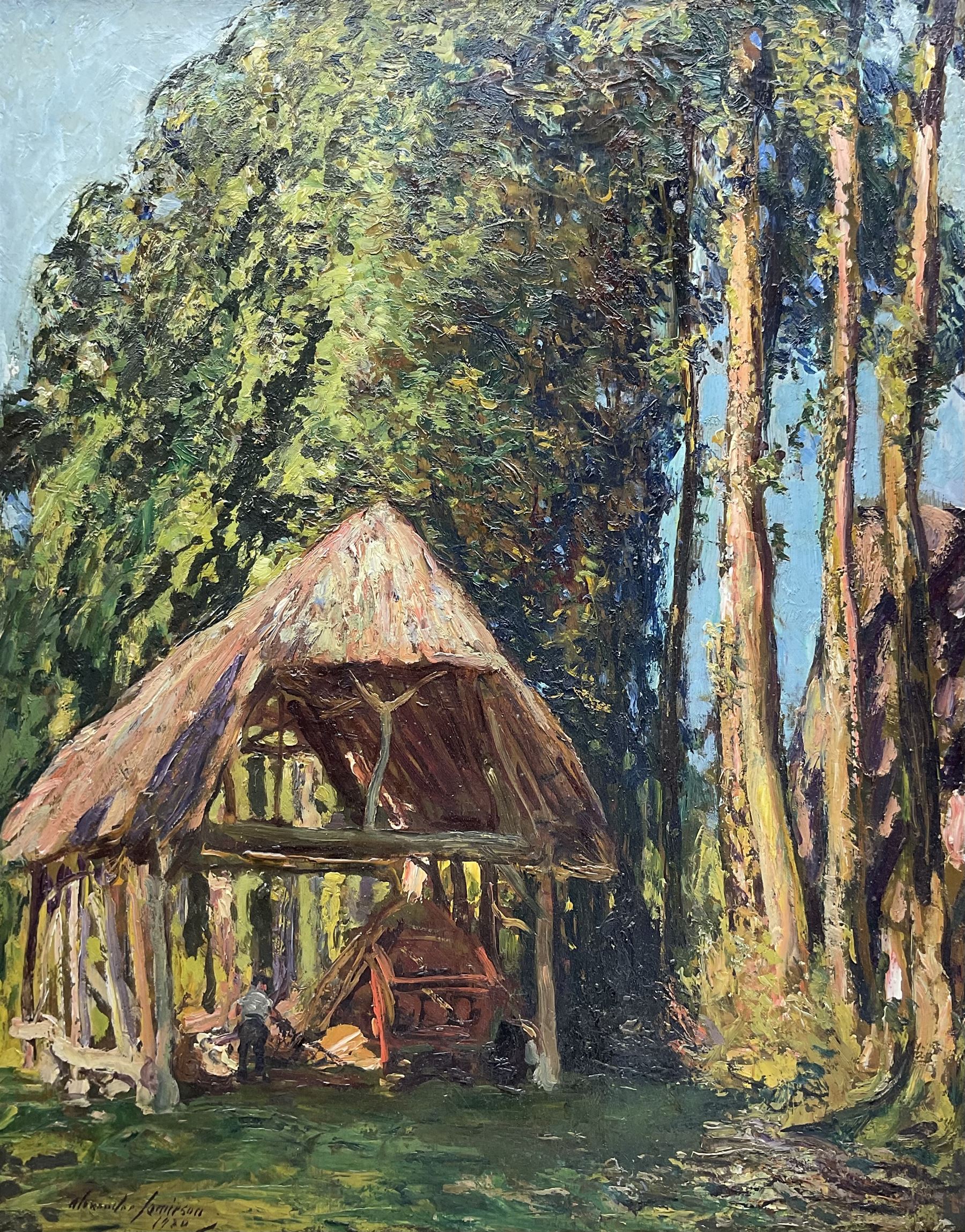 Alexander Jamieson (Scottish 1873-1937): A Summer Farmyard, oil on panel signed and dated 1920, 50cm x 40cm