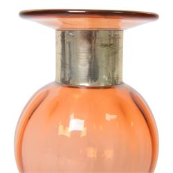 Anthony Stern (British 1944-2022); hand blown orange art glass vase with a metal collar, signed beneath, H15cm