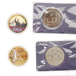 Nine Elizabeth II and Charles III £5 coins, five 50p coins, five Soloman Islands half dollar coins and other coins