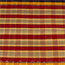 South West Persian Jajim flatweave kilim, field with alternating vertical bands of red, yellow, navy and pale green, decorated with geometric and polychrome raised pile accents, fringe ends 