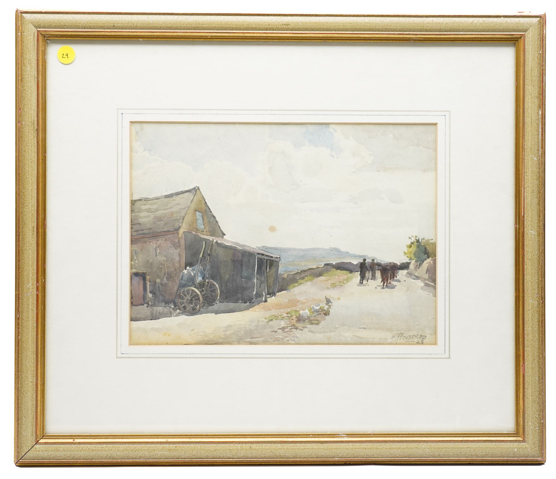 H Rutherford (British 19th/20th Century): Figures and Horses Walking Past a Barn and English School (19th/20th Century): Family Playing Games by the Fire, set of two watercolours one signed and dated '23 max 24cm x 33cm (2)