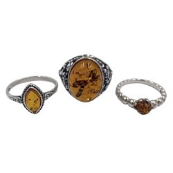 Three silver Baltic amber rings, all stamped 925 