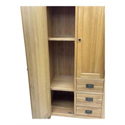 Light oak combination wardrobe, fitted with full-height compartment, single cupboard and three small drawers