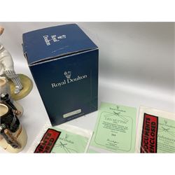Royal Doulton limited edition figure of Geoffrey Boycott O.B.E, HN3890, no 253/8114, together with four Royal Doulton limited edition character jugs of cricket interest, comprising The Hampshire Cricketer D 6739, no 3903/5000, Freddie Trueman O.B.E, D 7090, no 502/9500, Brian Johnners Johnston, D 7018, no 1281/9500 and Len Hutton D 6945 no 263/9500, four with certificates, one with box