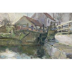 David Jan Curtis (British 1948-): Lock Scene with Figures, oil on board signed 19cm x 29cm