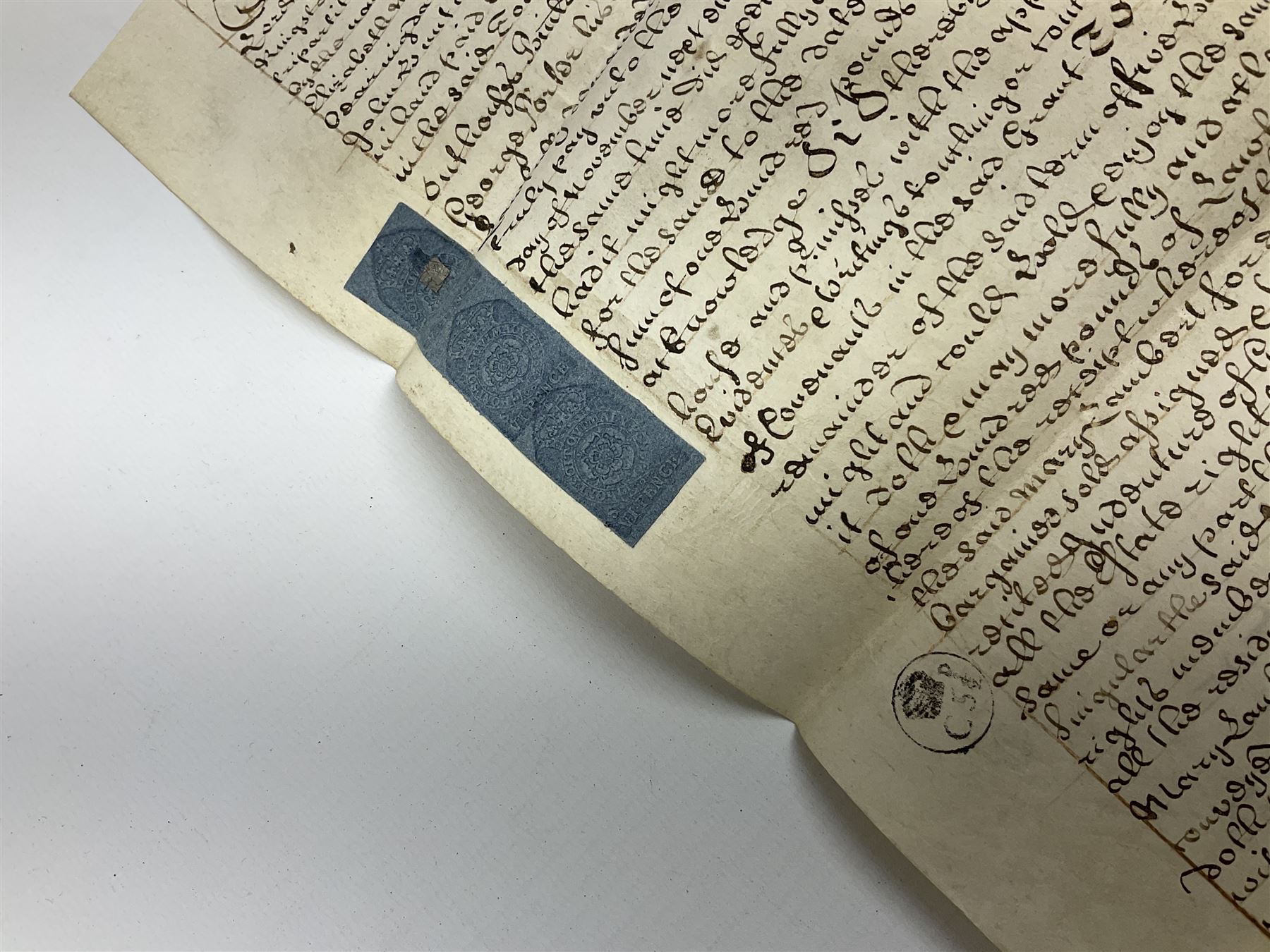 Three 17th/18th century manuscript deeds on vellum relating to properties in Bowling Alley Lane, Hull - one dated 16/12/1689 with seal 44 x 65cm; mortgage dated 20/2/1711 56 x 74cm; and assignment of mortgage dated 5/5/1727 with seal; all folded (3)