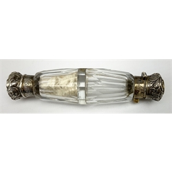 A 19th century silver mounted double ended clear glass scent bottle, the part gilded covers with scrolling foliate detail, and engraved with monogram and date 1877, L11.5cm, Victorian pewter tankard, brass chamber stick, brass snuffer, pair of silver plated telescopic candlesticks, copper planter with twin handles and three paw feet, H16cm, etc.