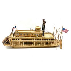 Hand built model of a river paddle steamer 'King of the Mississippi' and a sailing ship with three masts and unfurled sails, largest example H80cm, L101cm