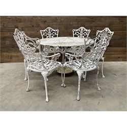 Victorian design cast aluminium circular garden table (D109cm, H72cm) and six armchairs 