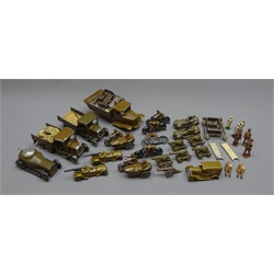  Quantity of military die-cast figures and vehicles by Britains etc including motorcycles with sidecars, field hospital personnel, armored vehicles, tipper trucks etc   