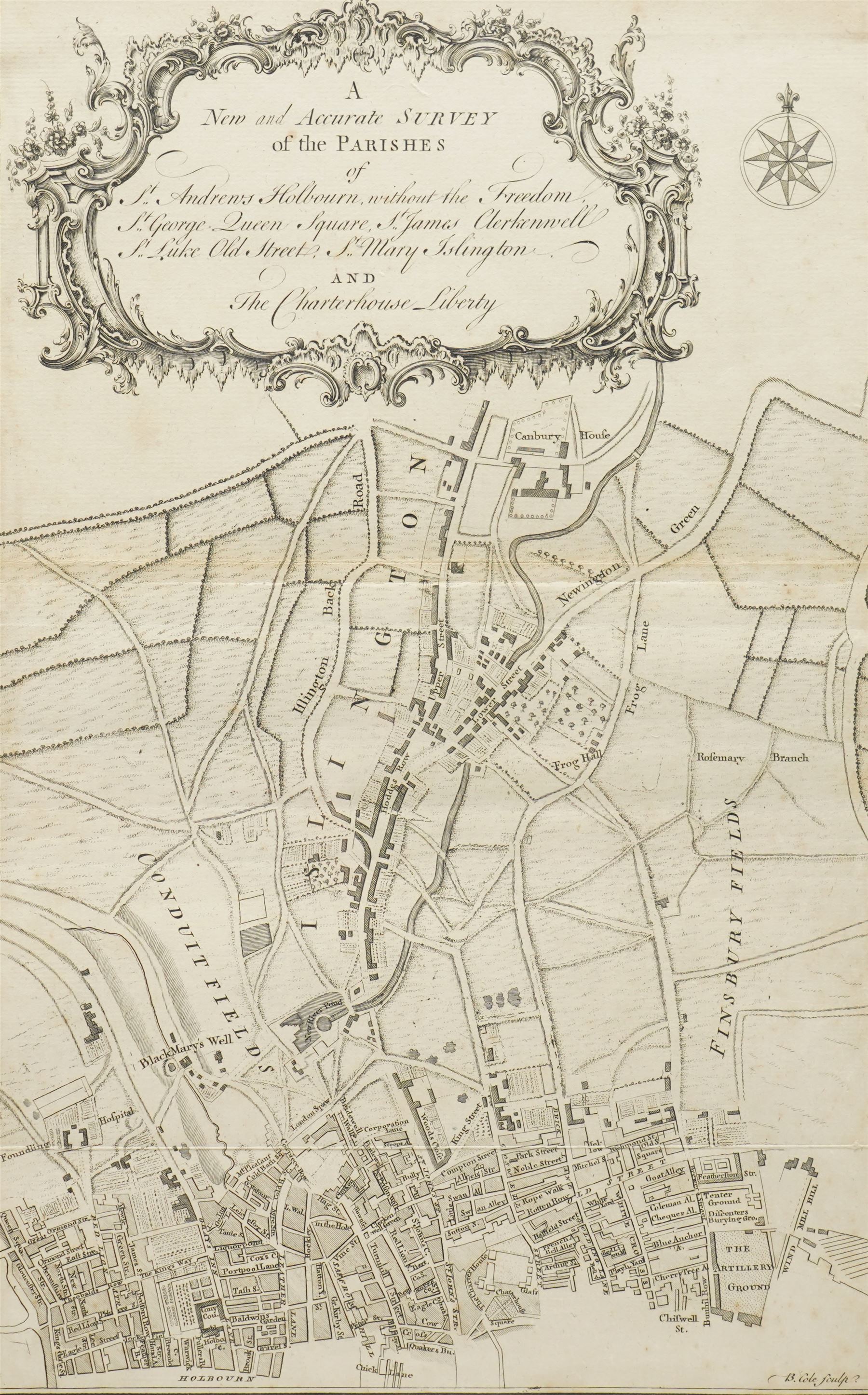 Benjamin Cole (British 1695-1766): 'A New and Accurate Survey of the Parishes of St Andrews Holbourn.. and the Charterhouse Liberty', mid-18th century engraved map with rococo title cartouche and compass rose pub. William Maitland 'History and Survey of London' c.1756, 37cm x 24cm