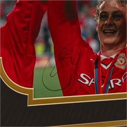 Signed Ole Gunnar Solskjaer montage, featuring a series of iconic photographs from his Manchester United career, the central photograph of him lifting the Premier League trophy signed in black marker, with certificate of authenticity from A1 Sporting Items Ltd, frame H83cm