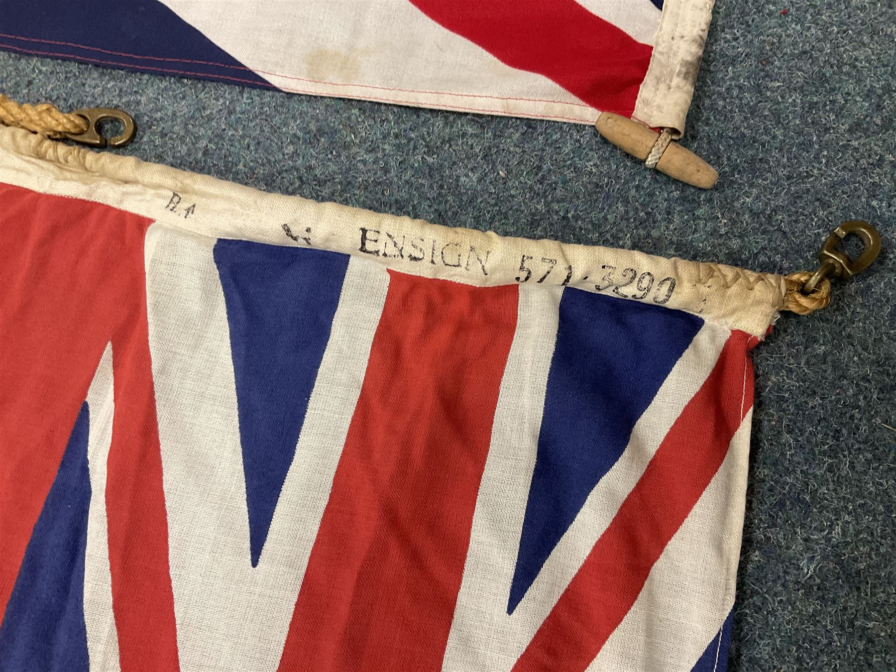 Six flags - White Ensign 180 x 86cm; two Union flags 180 x 86cm and 132 x 62cm; Falklands Islands 153 x 89cm; Yorkshire Rose 153 x 89cm; and QEII 1953 Coronation 84 x 57cm (6)