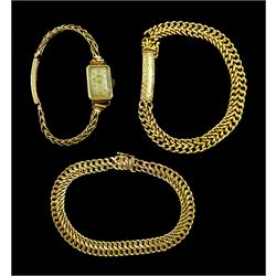 Two 9ct gold link bracelets and an Elco ladies 9ct gold manual wind wristwatch, on 9ct gold bracelet, all hallmarked