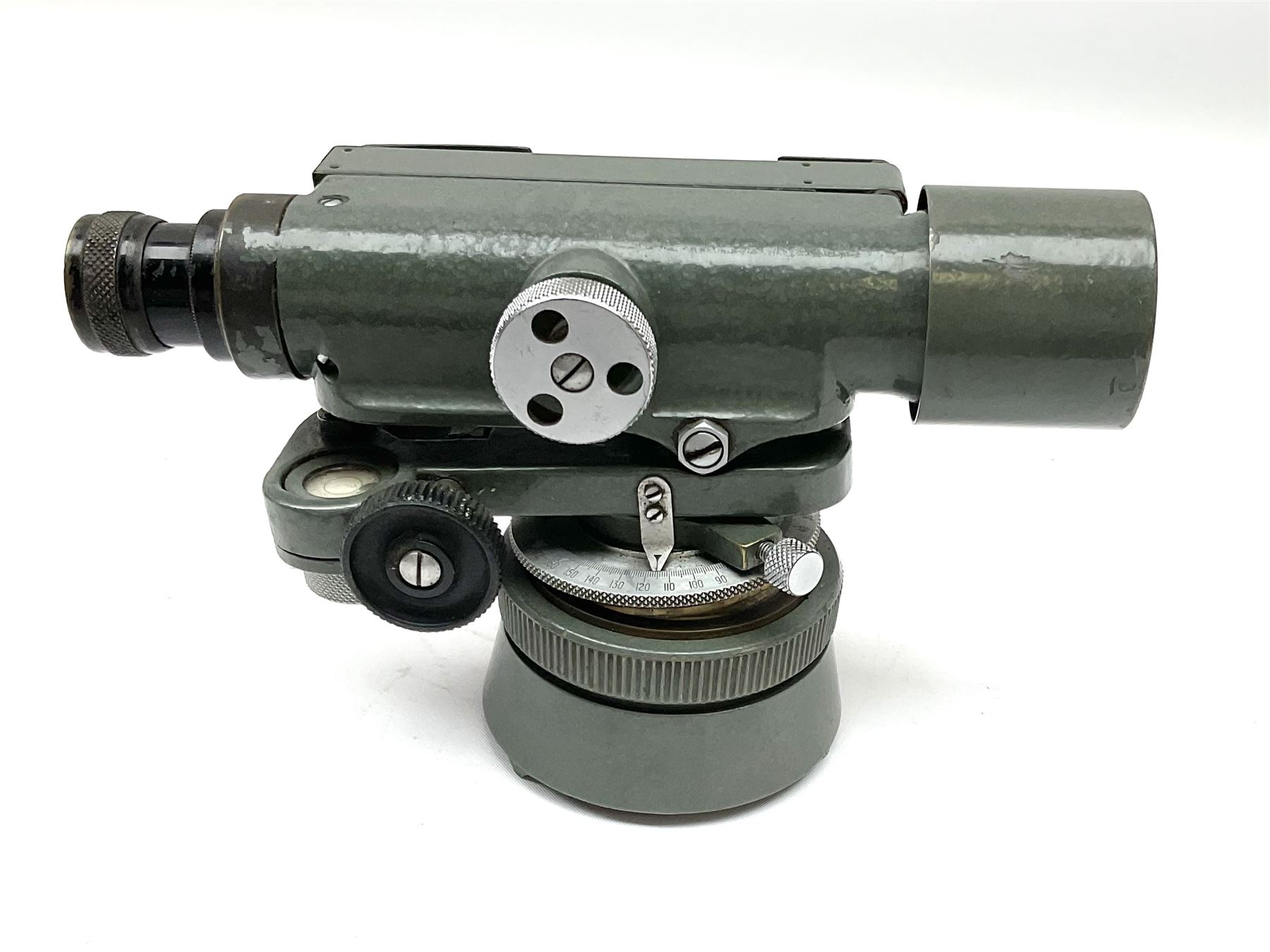 Black finished monocular microscope by Prior London No. 17372,  with pitchfork base and rack and pinion focusing, in original fitted wooden case with additional lenses, H32cm, together with Watts dumpy level, no. 116249, in a leather case