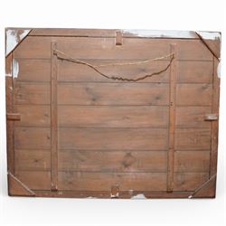 Decorative tapestry panel, the woven composition showing figures in 17th century style costume in an outdoor genre scene, framed within a black painted wooden frame