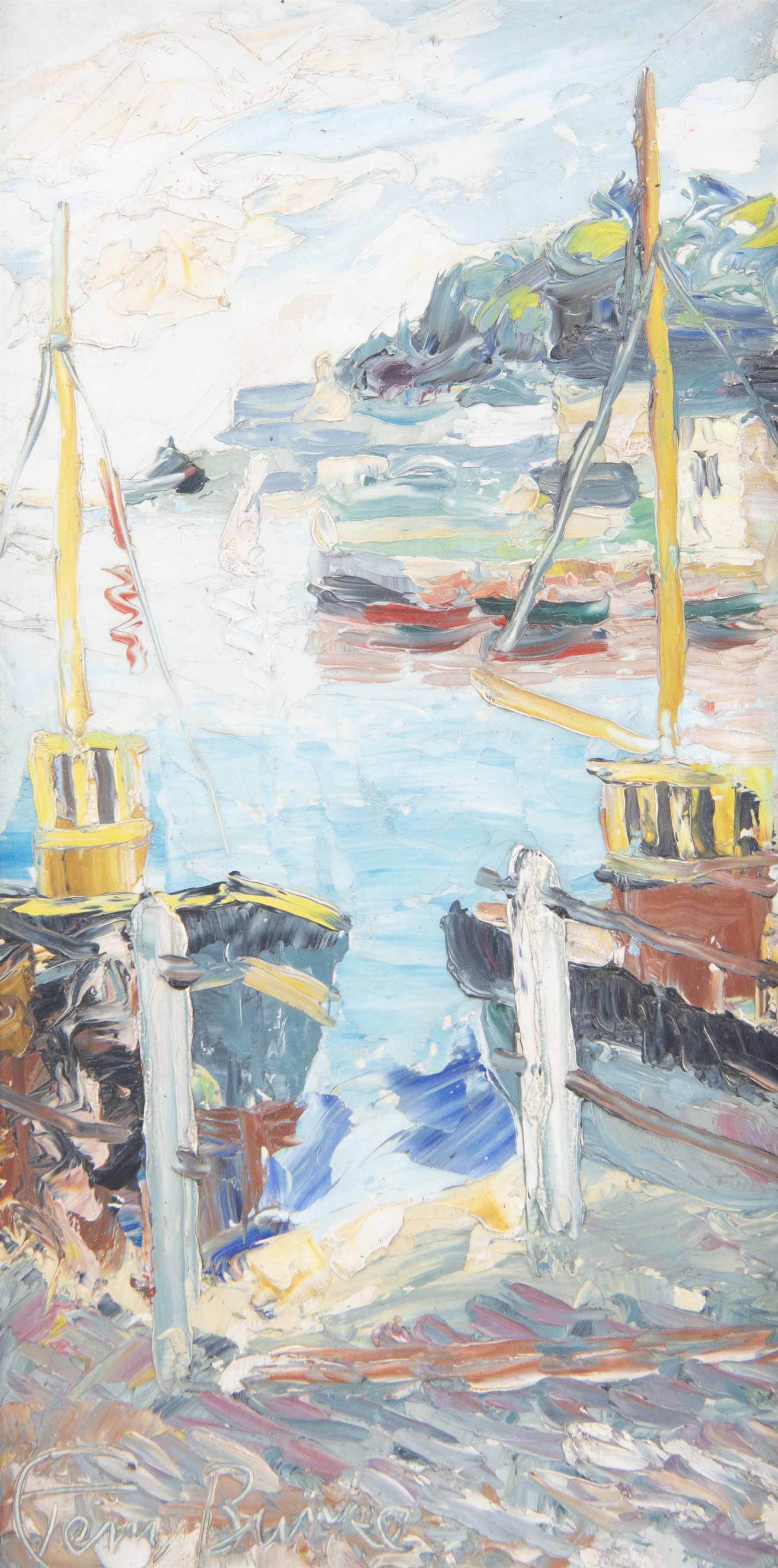 Terry Burke (British Contemporary): Boats in the Harbour, oil impasto on board signed 38cm x 19cm