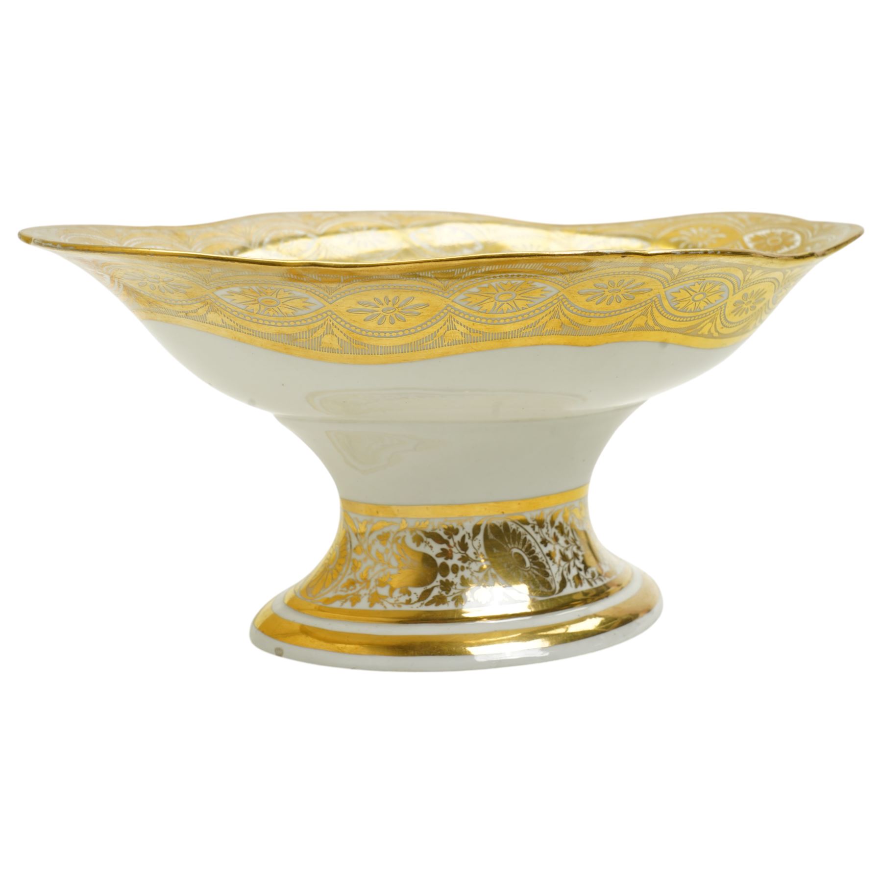 Early 19th century Derby comport of shaped oval design, the interior painted with a large spray of Spring flowers, the gilt border with a continuous band of flower heads repeated on the oval foot, red painted mark, pattern 42 L34cm