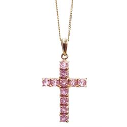 9ct gold purple stone set cross pendant necklace, hallmarked