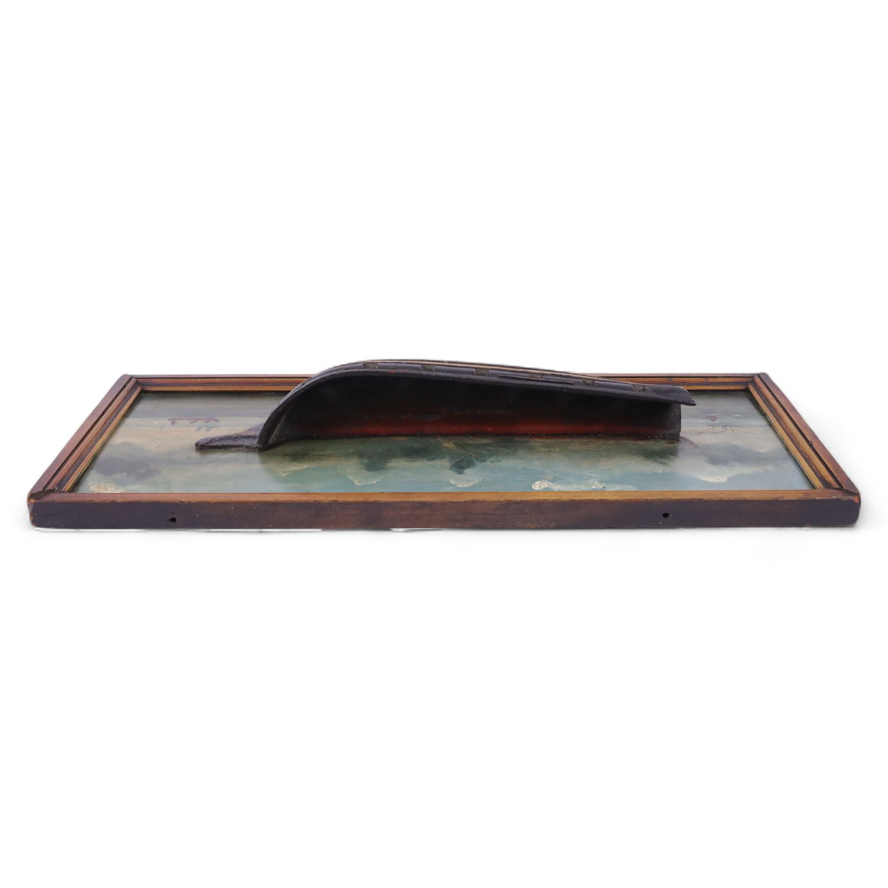 20th century half block diorama of a coble, painted within a seascape beneath a cloudy sky, H24cm, W54cm