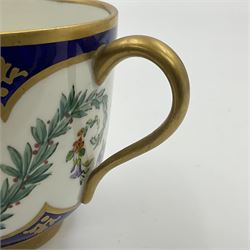 19th Sèvres style porcelain cup and saucer, the cup painted with a figural scene, against a scalloped border of scrolling floral swags on a blue ground, together with a Sèvres soft paste porcelain coffee can and saucer, painted with panels of exotic birds, roses and a border of cornflowers, LL monogram enclosing date letters H above painters mark, coffee can H6.5cm, saucer D13.5cm (2)