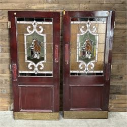 Two early to mid 20th century timber doors, set with lead framed stained glass panels depicting agricultural worker and horse