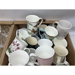 Collection of glassware, together with a large collection of mugs, including Portmeirion and Ringtons examples, in two boxes 