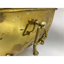 Brass coal box decorated with floral swag with twin handles raised, upon four claw feet, H40cm and another twin handled brass coal box