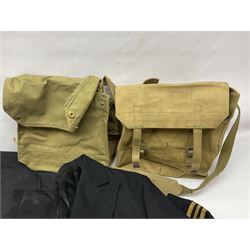 Two post-WWII British Army No.2 Dress tunics, one with Green Howards buttons; army shirt dated 1951; Royal Fleet Auxilliary jacket with trousers; three RAF/WAAF uniforms and RAF Greatcoat; and three canvas/webbing bags, two dated 1943 & 1945