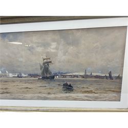 Thomas Bush Hardy RA RBA (British 1842-1897): Shipping on the Thames at 'Greenwich', looking towards the Royal Naval College, watercolour signed titled and dated 1885, 39cm x 101cm