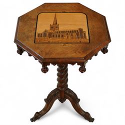 Victorian inlaid walnut occasional table, the octagonal top inlaid with a marquetry scene ...