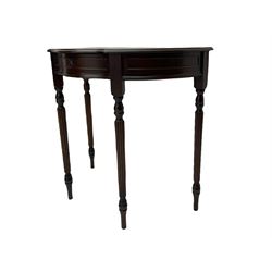 Victorian style mahogany console table, shaped moulded top on scrolled supports, moulded and canted base (W91cm, H76cm, D41cm), and a reproduction mahogany console or side table on reeded supports 