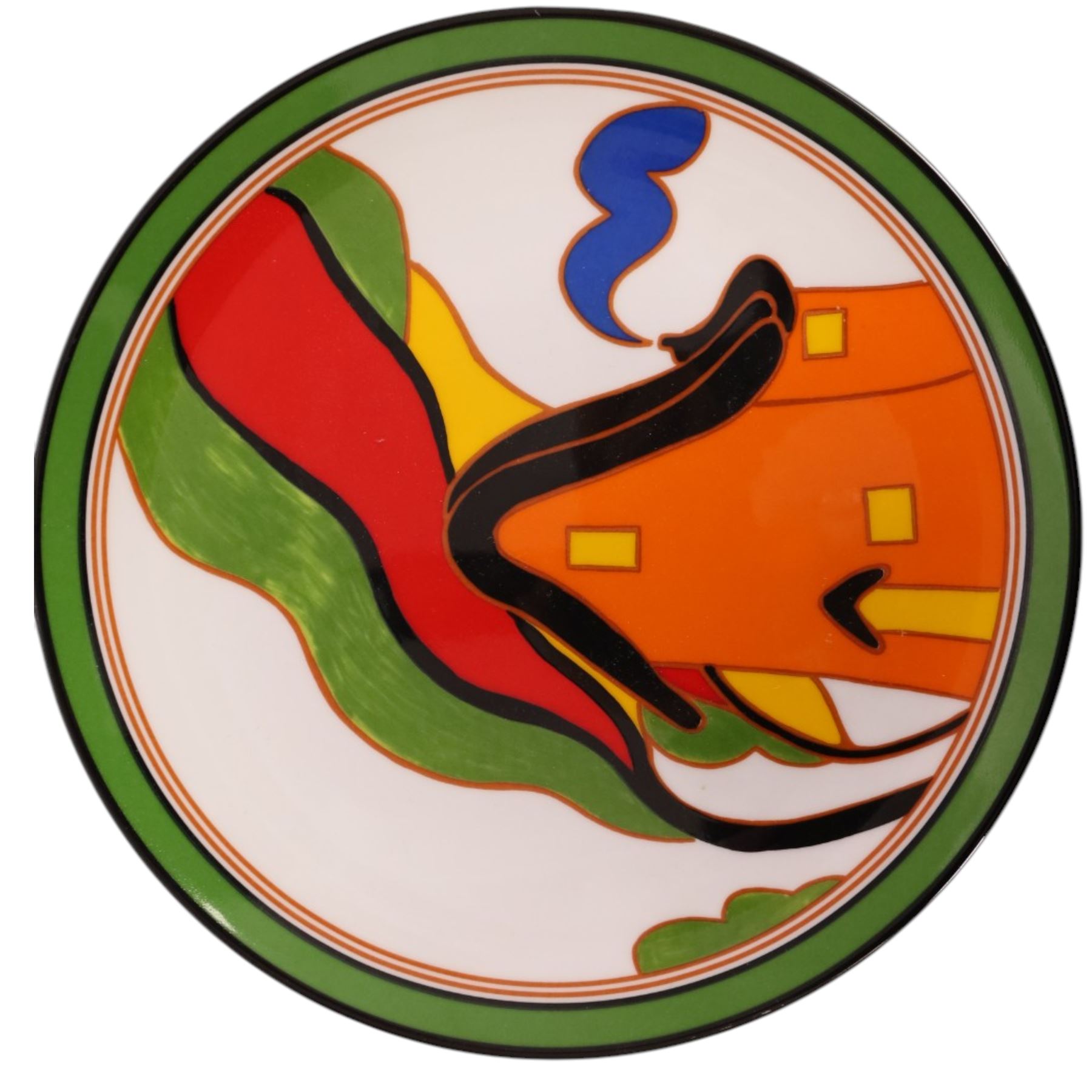 Collection of eight Wedgewood Clarice Cliff plates, comprising Red Roofs, House and Bridge, Orange Roof Cottage, Orange House, Fantasque Mountain, Blue Lucerne, Farmhouse, Poplar, D20cm 