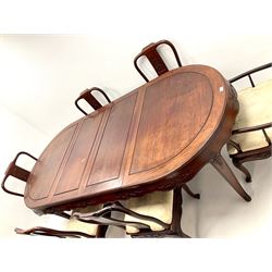 Chinese rosewood extending dining table, two leafs, shaped apron, carved, reed and tapering supports (W246cm, H78cm, D117cm) and set six (4+2) dining chairs, shaped cresting rail, carved splat, upholstered seat, tapering supports (W57cm)
