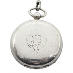Victorian silver open face key wound pocket watch by American Watch Company, Waltham, No. 8908643, white enamel dial with Roman numerals and subsidiary seconds dial, Birmingham 1900, with silver Albert watch chain, each link hallmarked