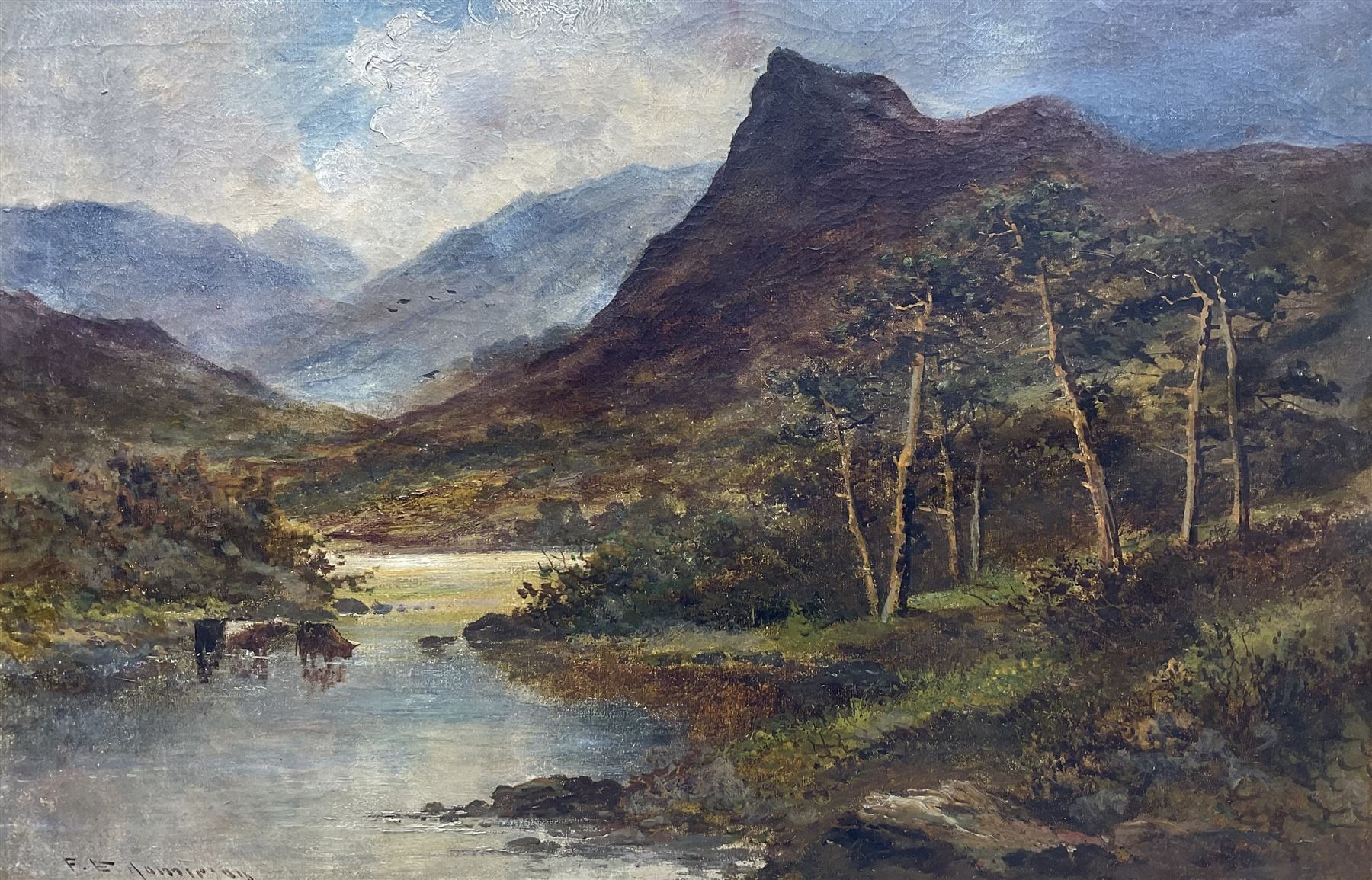 Francis E Jamieson (Scottish 1895-1950): Cattle Watering in the Highlands, oil on canvas signed 39cm x 59cm