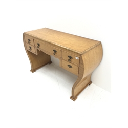Art Deco maple dressing desk/dressing table, five drawers shaped solid end supports, W126cm, H77cm, D51cm