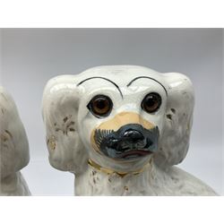 Pair of Victorian Staffordshire white glazed spaniels with glass eyes, H25cm  
