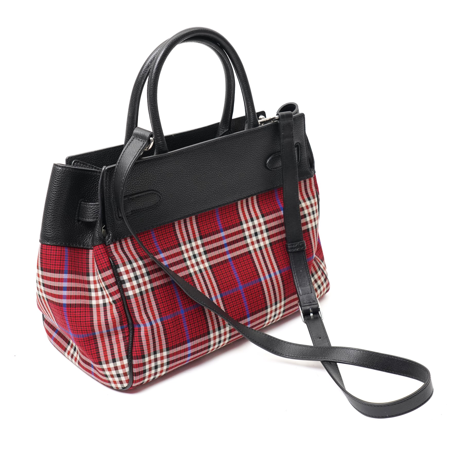Mulberry - Belted Bayswater Tartan Check handbag in Scarlet tartan check fabric with black grained leather trim, the structured body with twin rolled leather top handles, detachable shoulder strap, silver-tone Postman’s Lock fastening and belted front detail, with original Mulberry product tag, care booklet and dust bag