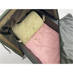 Silver Cross coach-built doll's pram with green fold-down hood and cover, sprung tubular frame, chrome and white handle, four spoked wheels with brake, mattress, pillow and bedding L97cm