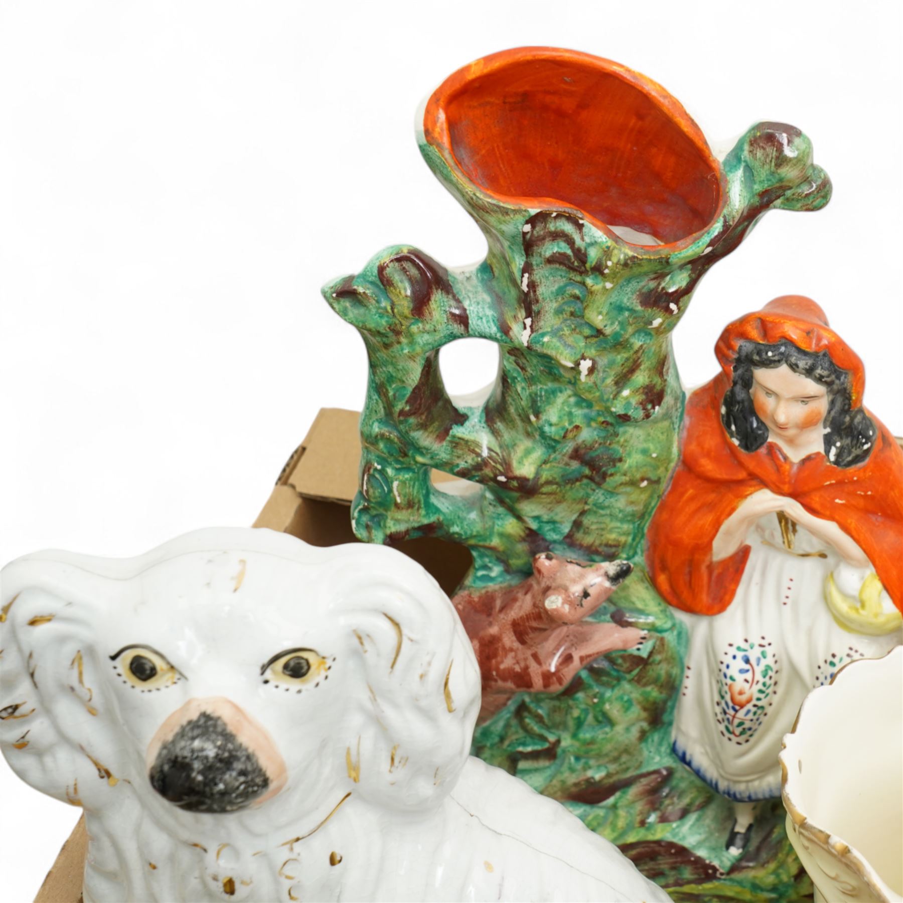 Pair of Staffordshire spaniel ornaments, Red Riding Hood spill vase, pair of Japanese vases and other items in two boxes