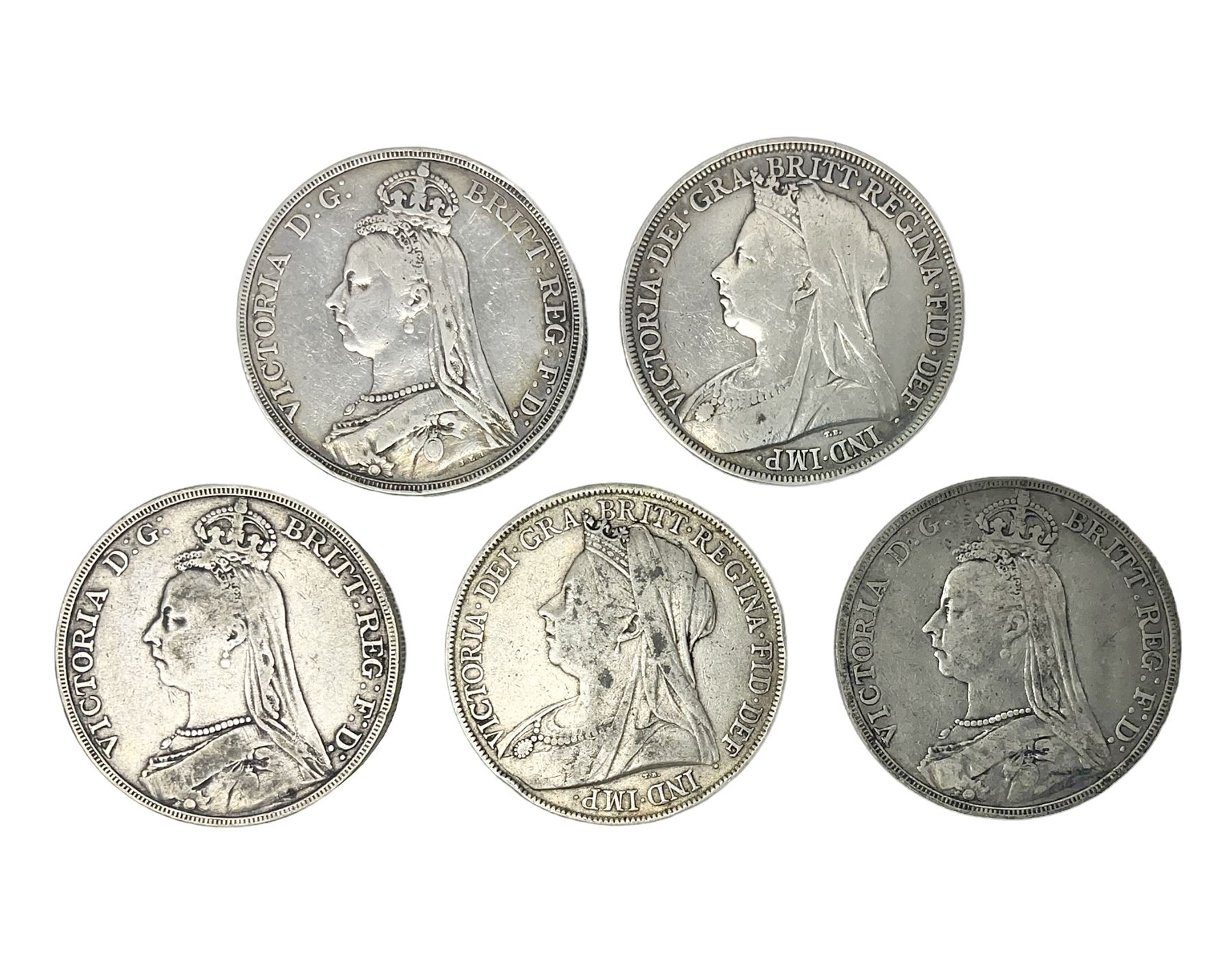 Five Queen Victoria crown coins, dated three 1889, 1897 and 1900 (5)