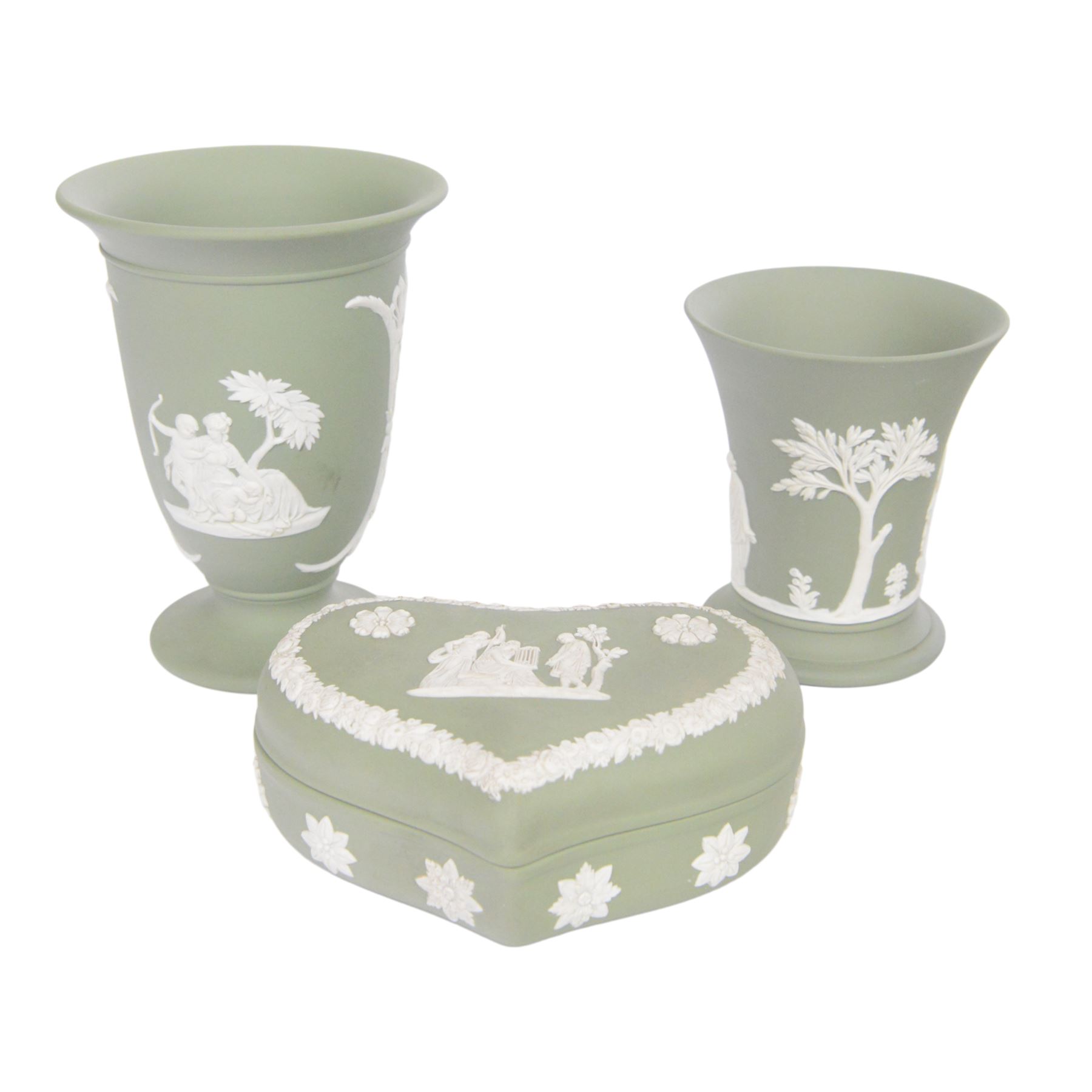 Wedgwood sage green jasperware to include Bowl, vases, covered trinket dish, plate etc