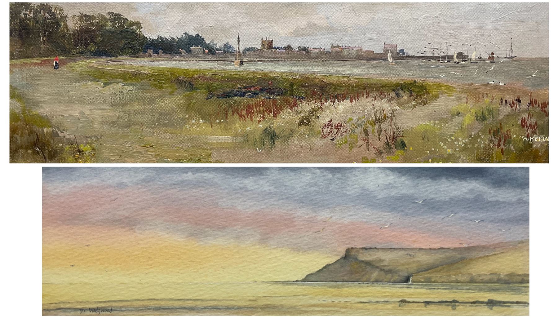 W Keeland (British 20th Century): Coastal Town, oil on board signed 15cm x 47cm; William 'Bill' Wedgwood (British c1934-2019): Ravenscar from Robin Hoods Bay, watercolour signed, max 15cm x 47cm (2)