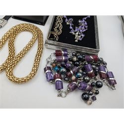 Collection of costume jewellery, including watches, beaded necklaces, brooches and clip on earrings 