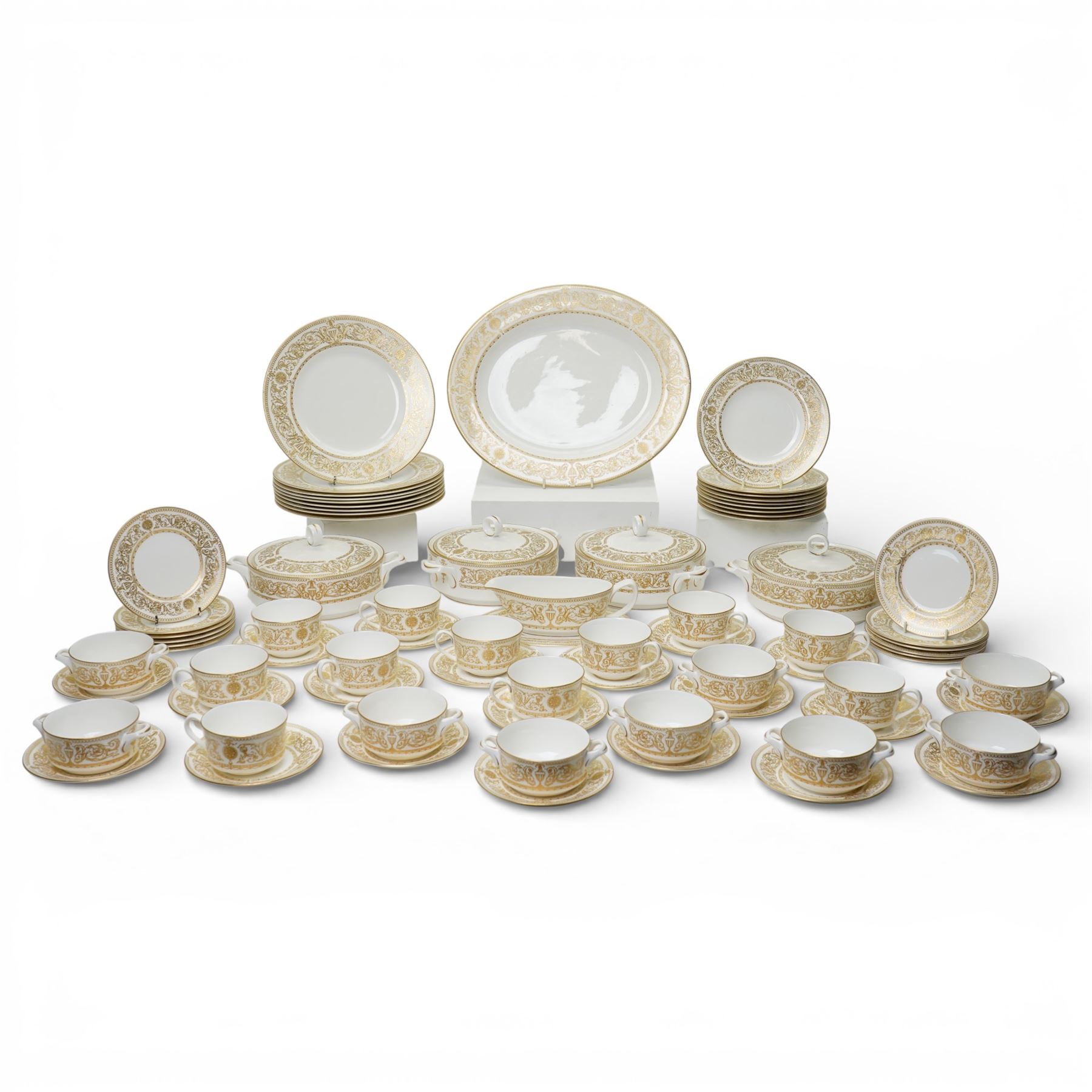 Royal Worcester Hyde Park tea and dinner wares, comprising nine dinner plates, nine smaller dinner plates, thirteen side plates, nine soup bowls and saucers, eleven teacups, eleven saucers, sauceboat and saucer, four covered tureens and one platter