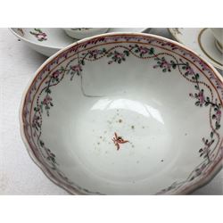 Two 18th century Newhall tea bowls and saucers, the first example decorated with pattern no 195, hand painted painted with floral sprays, the second hand painted with flowers in a gilt boarder, together with a similar tea bowl