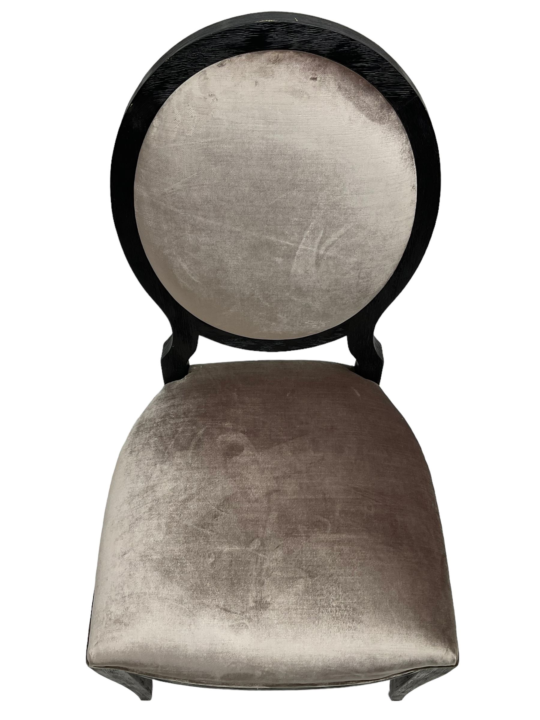 India Jane Interiors - Pair of French design cameo back dining chairs, upholstered in silver velvet fabric ebonised frame, on square tapering supports with splayed feet - ex-display/bankruptcy stock 