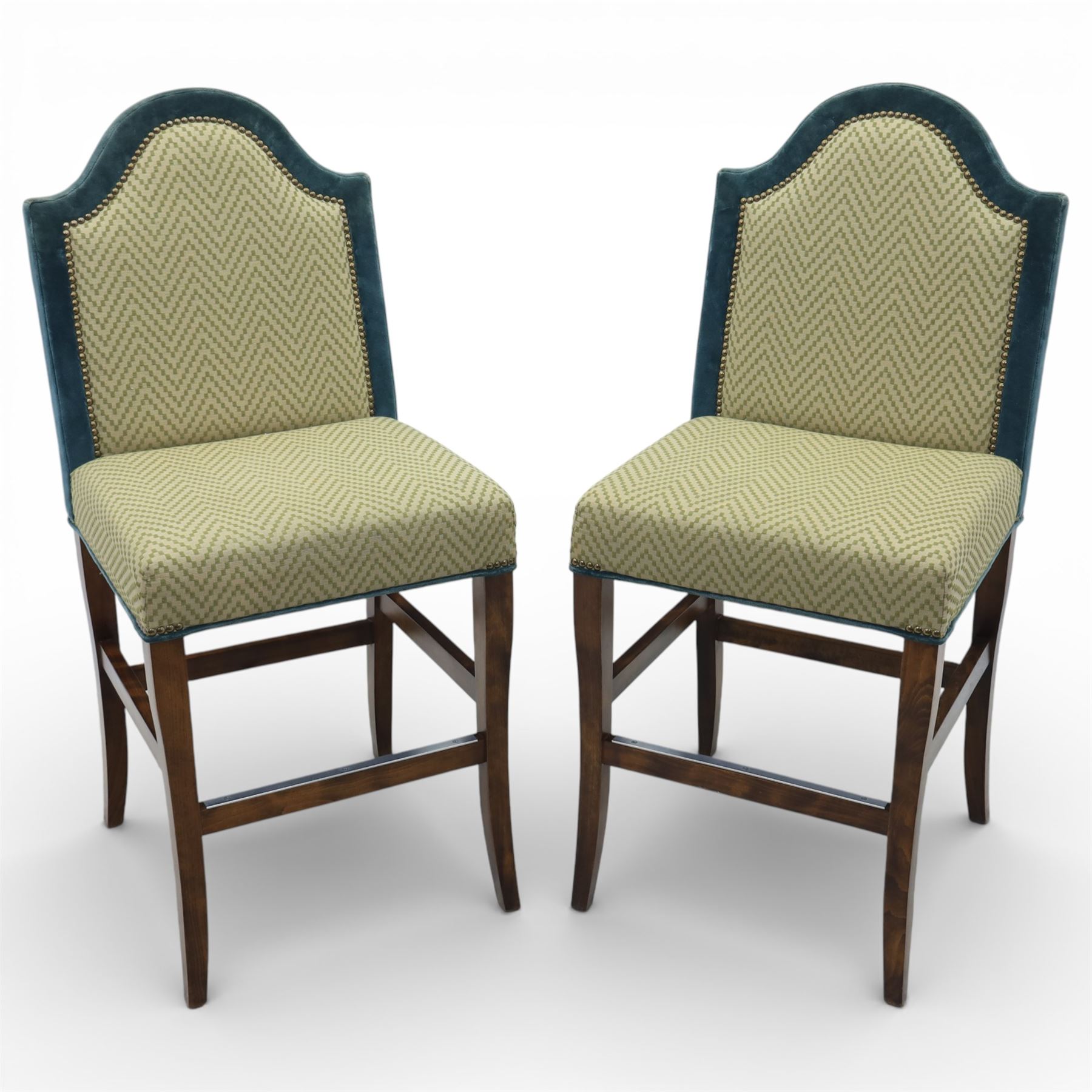 Pair of padded back high seat bar stools, upholstered in cream chevron fabric with green velvet trim 